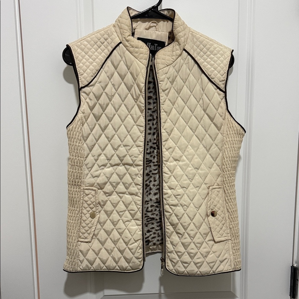 Beige Quilted Vest with Contrast Trim